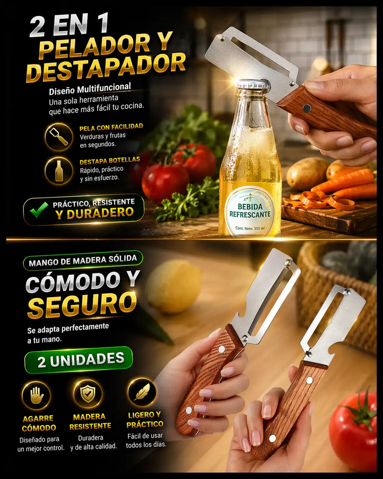 Pelador de frutas y verduras 2 en 1 con abridor de botellas, 2 piezas. Acero inoxidable afilado. Mango de madera. Diseño ergonómico antideslizante para un agarre cómodo.