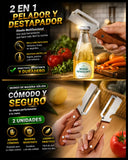 Pelador de frutas y verduras 2 en 1 con abridor de botellas, 2 piezas. Acero inoxidable afilado. Mango de madera. Diseño ergonómico antideslizante para un agarre cómodo.