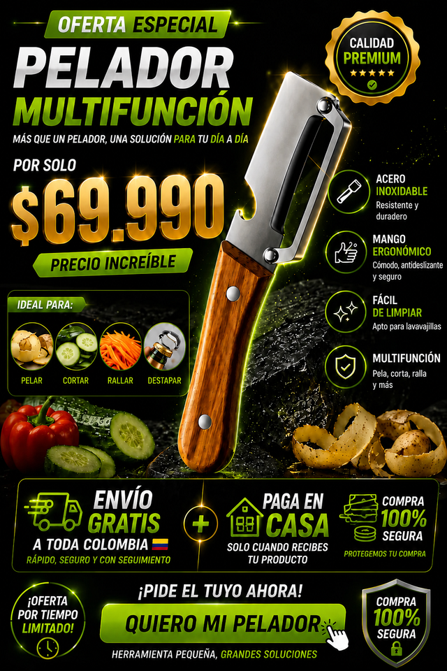 Pelador de frutas y verduras 2 en 1 con abridor de botellas, 2 piezas. Acero inoxidable afilado. Mango de madera. Diseño ergonómico antideslizante para un agarre cómodo.